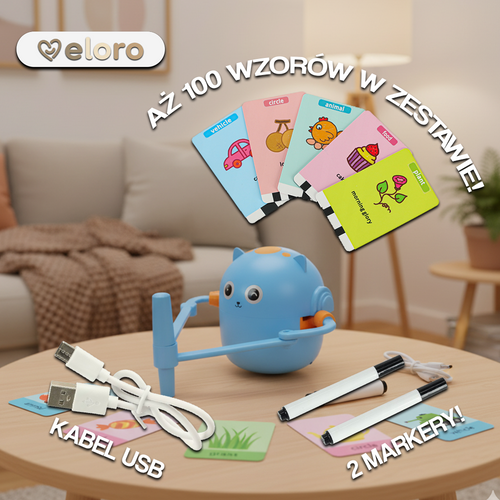 zdjęcie robota rysującego eloro, wraz z wyszczególnionymi akcesoriami